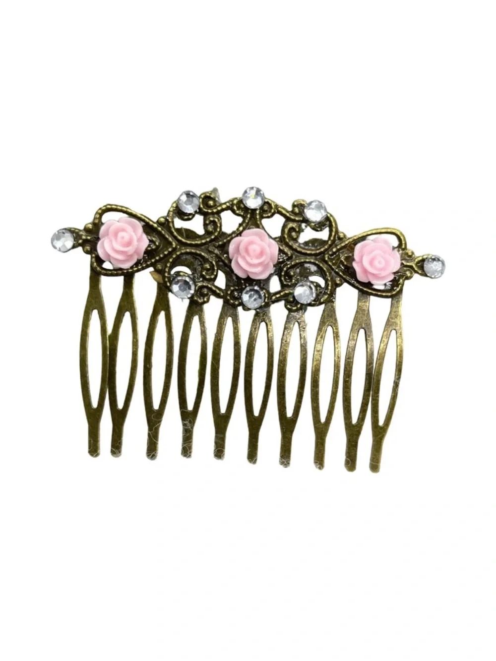 Romantic Pink Rose Antiqued Brass Hair Comb 2,0” FINAL PRICE DROP